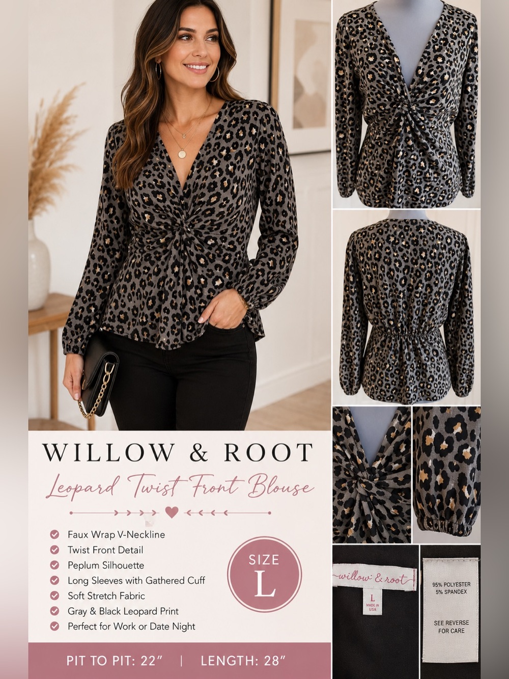 Willow & Root Leopard Print Twist Front Peplum Blouse Gray Black Size Large